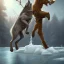 Placeholder: fantasy art of guru and wolf walking on tight rope over icy water