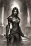 Placeholder: A stern girl warrior, in an ancient dungeon, broken columns, smoky lamps, semi-darkness, horror and fear, black pencil, sketch, Raymond Swanland