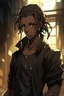 Placeholder: Anime black male, age 20, short thick dreadlocks reaching neck length, dark brown natural hair color, black zip up jacket, golden eyes, lean slim muscular body, nier automata anime artstyle