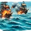 Placeholder: two pirate ships fighting each other at sea. They fire cannons at each other and one ship is hit and burns.