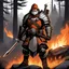 Placeholder: The old ranger warrior, clad in padded armor that bore the scars of countless battles, sets his campfire at the edge of the forest. Positioned on a hill, a large rock shields him from the rain, while the flames of the fire illuminate his weathered features in a warm orange glow. His eyes, hardened by a life of combat and survival, scan the surrounding darkness with a steely gaze. The night air is thick with the scent of damp earth and pine, the sounds of nocturnal creatures adding to the eerie