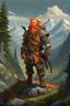 Placeholder: Realistisches Bild von einem DnD Charakters. Männlicher Zwerg mit orangenem Haaren. Er steht im Wald mit Bergen im Hintergrund. Er ist ein Jäger.