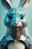 Placeholder: Portrait Sweet Rabbit ceramic mask, feather, cyan suit, photo studio, black background, unreal engine 5, concept art, ray tracing, lumen lighting, ultra detail, volumetric lighting, 3d.