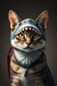 Placeholder: cat with shark mask in the style of japanese shepard fairy