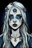 Placeholder: Create a captivating 2D vector illustration of a gothic punk boho hippie vampire girl with long blonde hair and, blue eyes, she looks like eva green and emily perkins combined with a skull headband. Emphasize her missing cheek, giving her a unique and edgy appearance. The illustration should have a cute, fantasy, and dreamy vibe, with a sticker-like quality. Use a 2D flat style, centered composition, and vector graphics for a sleek, modern, and minimalist look. Draw inspiration from the artistic