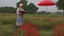 Placeholder: An elderly peasant woman, seen in full body, wearing clothing appropriate to her work, is reading a letter outdoors. She is standing and holding a red umbrella, and is in a field of grass and flowers with many trees in the background.