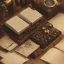 Placeholder: joystick, compass, books on the white table