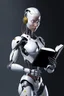 Placeholder: generate a front cover representation of Ai photo realistic attractive full body humanoid bot editing a book and show her holding the book