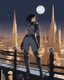 Placeholder: A slim Woman With Black Hair, Wearing an android-looking suit, standing sideways On a ledge of a building, with a waning moon Behind Her Head, towering spires and buildings highlighted by the setting sun