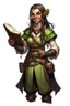 Placeholder: Dungeons and dragons half orc girl. She is kind and happy. She carries a book and wears tavern keeper clothing. Realistic style