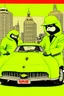 Placeholder: YELLOW LAMBOURGHINI APES PENGUINS AND ROBOTS in the style of Hiroshi Nagai