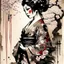 Placeholder: pretty 19 century geisha with Japanese pagoda and cherry blossoms in background, Abstract art, Kirby Krackle effect, traditional Japanese calligraphy scroll paintings, Japanese woodblock prints, by Shohei Otomo, ink washes over top both lines and fills, amazing beauty, hyperdetailed, watercolor and ink, ink splatter