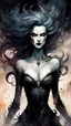 Placeholder: Ben Templesmith comic book style, ink wash and watercolor full body portrait illustration of a female vampire with highly detailed hair and facial features, traversing the multiverse of transformative and expanded consciousness, blurring the boundaries between mortal and immortal in search of a mythical paradise, sharply defined, finely lined and detailed, 4k in dark moody colors
