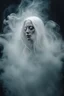 Placeholder: translucent female face barely visible from very dense white smoke and fog, translucent ghost-like face with lots of white hair, lots of fog in the background, surreal style