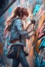 Placeholder: 8k quality realistic image of a beautiful anime girl, doing wall graffiti,action, up close, 3d