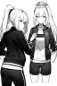 Placeholder: blonde girl with ponytails dressed in a jacket and shorts walks briskly, front view, greyscale