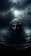 Placeholder: Mourning in dephts of ocean , a halo face with a smoky clouds in dark gloomy foggy background with very small dem light
