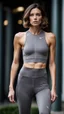 Placeholder: photography of a beautiful anorexic woman, grey satin triathlon top, brunette wavy bob haircut, pronounced sternum, flat chest, grey satin cycling leggins