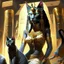 Placeholder: scene from Egyptian mythology. The cat goddess Bastet. She has the body of a woman and the head of a cat.