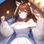 Placeholder: Clear focus, High resolution, Long fluffy brown hair, blue eyes, wearing a white skirt, detailed outfit, wearing a jacket oversized off shoulder, rough line, hair above ears, dog ears, off shoulder white shirt