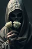 Placeholder: Extremely realistic photo of a hooded phantom , giving you a white Rose , general foul weather, (Rembr Lighting), zeiss lens, ultra realistic, (high detailed skin:1.2), 8k uhd, dslr, Dramatic Rim light, high quality, Fujifilm XT3, artwork in pale distressed tones , minimalistic approach, blends old world aesthetics art with elements of distressed painting and illustration, shadow play, high conceptuality, palette inspired by Charlene Mc Nall