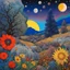 Placeholder: Colourful, peaceful, Max Ernst, Vincent Van Gogh, night sky filled with galaxies and stars, rocks, trees, flowers, one-line drawing, sharp focus, 8k, deep 3d field, ornate