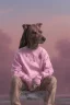 Placeholder: Snoop dogg sitting on a chair. pink houses, pink sky, pink smoke, moon, trees