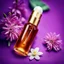 Placeholder: a small vial lies on a beautiful floral background top view, in the background there are beautiful spring flowers and a drop of cream, high-quality picture, top view