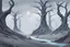 Placeholder: gray areas with dead and half alive trees with Craters filled with magic that beams upward