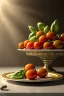 Placeholder: Italian Renaissance style still life consisting of a plate of Italian ravioli with natural cherry tomato and basil accompanied by olives, moisture ambient, natural ornaments, ceramic, marble, high kitchen, smooth, god rays, unreal engine 5, ray tracing, RTX, lumen lighting, ultra detail, volumetric lighting, 3d.