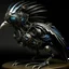 Placeholder: **steampunk alien creatures from a fantastic fantasy planet, long flowing multilayered colorful feathers, black, white, gray, navy blue, glowing eyes, extremely detailed, complex patterns, beautiful