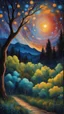 Placeholder: Painting of the night sky with stars and trees, colorful night sky, starry night painting, magical forest background, night background, vibrant painting, atmospheric dream painting, night sky background, colorful painting, colorful stars, Beautiful paint art, dream landscape art, beautiful painting, oil painting, oil painting on canvas, inspired by Vincent Van Gogh