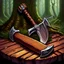 Placeholder: 90's TCG fantasy artwork art of an axe in a chopping block