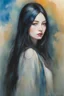 Placeholder: Lenore Nemoy, Long, straight, black hair, blue eyes - multicolored watercolor stained wall in the background, in the art style of Boris Vallejo, Frank Frazetta, Julie bell, Caravaggio, Rembrandt, Michelangelo, Picasso, Gilbert Stuart, Gerald Brom, Thomas Kinkade, Neal Adams - professional quality studio 8x10 UHD Digital photograph by Scott Kendall - paint splattered wall in the background, multicolored overhead spotlight, Photorealistic, rea