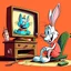 Placeholder: bugs bunny watching a tv about a video game with a pig doing music