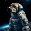 Placeholder: primer plano de un perro salchicha astronauta, con traje gtis,fondo de paisaje la luna contraluz, atmosfera de universo