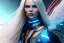 Placeholder: A beautiful portrait of a cute smiling cyberpunk woman with wings, long blond platinum hair, luminous blue eyes, high key lighting, volumetric light high details with blue and white stripes and feathers and white luminous celtic paterns, beam starry background