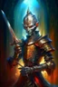 Placeholder: book illustration, oil painting portrait of slightly knightly smirking robot vampire holding magical dagger, bokeh , high detail, smooth render, prize winning