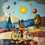 Placeholder: create a surreal cubist-fantasy painting blending Dalí, Van Gogh, Miró, Chagall, and Picasso, with three non-human geometric figures riding a bicycle, abstract landscape of triangular trees and floating circles, segmented sun glowing in the sky, textures combining surreal dreamlike colors, swirling brushstrokes, ornamental details, and cubist geometry --ar 16:9 --v 7 --style 4b --q 2
