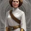 Placeholder: hyperspace background, complete and photo realistic detailed head to waist stunning photo realistic portrait of carrie fisher as Princess Leia in star wars with photo realistic updo hair by Mandy Jurgens and mucha and Richard Schmid and chuck close and chie yoshii, extraordinary and detailed ceremony dress of star wars,brown eyes