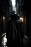 Placeholder: man in a long coat with a hood, face partially hidden, in a dark alley of a big city. Style realistic, but with a slight scify twist