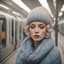 Placeholder: A woman , sad,in the metro in the style of marilyn monroe, blue, Grey, beige,orange, with a knitted hat, eyes closed