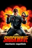 Placeholder: "Design a 90s-style action movie poster titled 'Shockwave Customs.' Feature a heroic mechanic in the foreground, fiercely battling thousands of adversaries with a spanner. In the background, show cars doing burnouts, creating a dynamic and intense scene. Capture the high-energy, gritty aesthetic of classic 90s action films. Prominently display the subtitle 'mmechanic negotiator' in bold, impactful lettering."