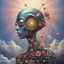 Placeholder: a dreamlike humanoid figure, its face dissolving into a swirl of metallic spirals, mirrored lenses, and abstract botanical shapes. The body flows into intricate glowing symbols and floral patterns that blend into the air. A soft radiant sky in the background gives the sense of the figure hovering between organic life, machinery, and pure imagination. Rich vibrant colors, surreal oil painting texture, poetic and mysterious --ar 3:4 --v 7 --style ultra --q 2