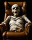 Placeholder: a decrepit realistic mummy leaned over in a brown chair, mouth open