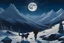Placeholder: make a painting of a man walking his dog in some snowy, spiky mountains. In the background there is a big moon that shines brightly