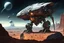 Placeholder: Sci-fi, sci fi dramatic scene, a colossal resource harvester bot with one drill arm and one pincher arm surveys a rocky alien planet surveying for mineral resources, grand, expansive, intricate detail, by Brian Despain and Anton Semenov, detailed full color digital illustration, comet streaking, ringed planets in distance