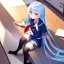 Placeholder: Clear focus, High resolution, long fluffy light blue hair, hair between eyes, long locks, wearing a sailor uniform, wearing a sailor skirt, long black socks, 1girl, cartoon, cute, UNFOTABLE studio, red tie, sitting, outside setting, nothing infront of character, sitting on floor