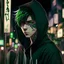 Placeholder: anime guy with short hair and green eyes wearing a black hoodie with face tattoos in shibuya at night side angle