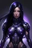 Placeholder: female body like cyborg, black body, black long hair glow, purple eyes, purple jewel at chest center